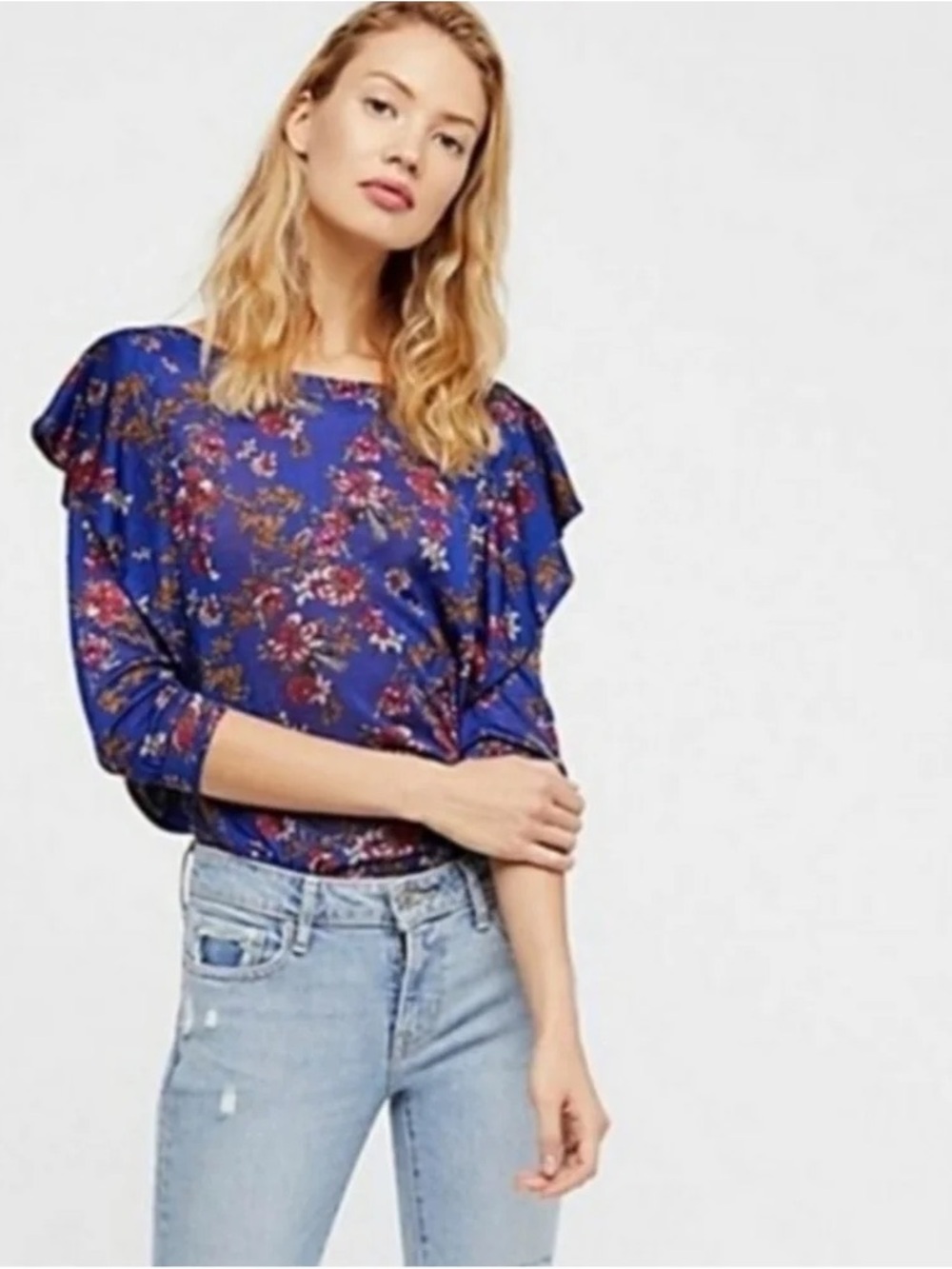 Free People Dock Street Floral Ruffle Keyhole Top